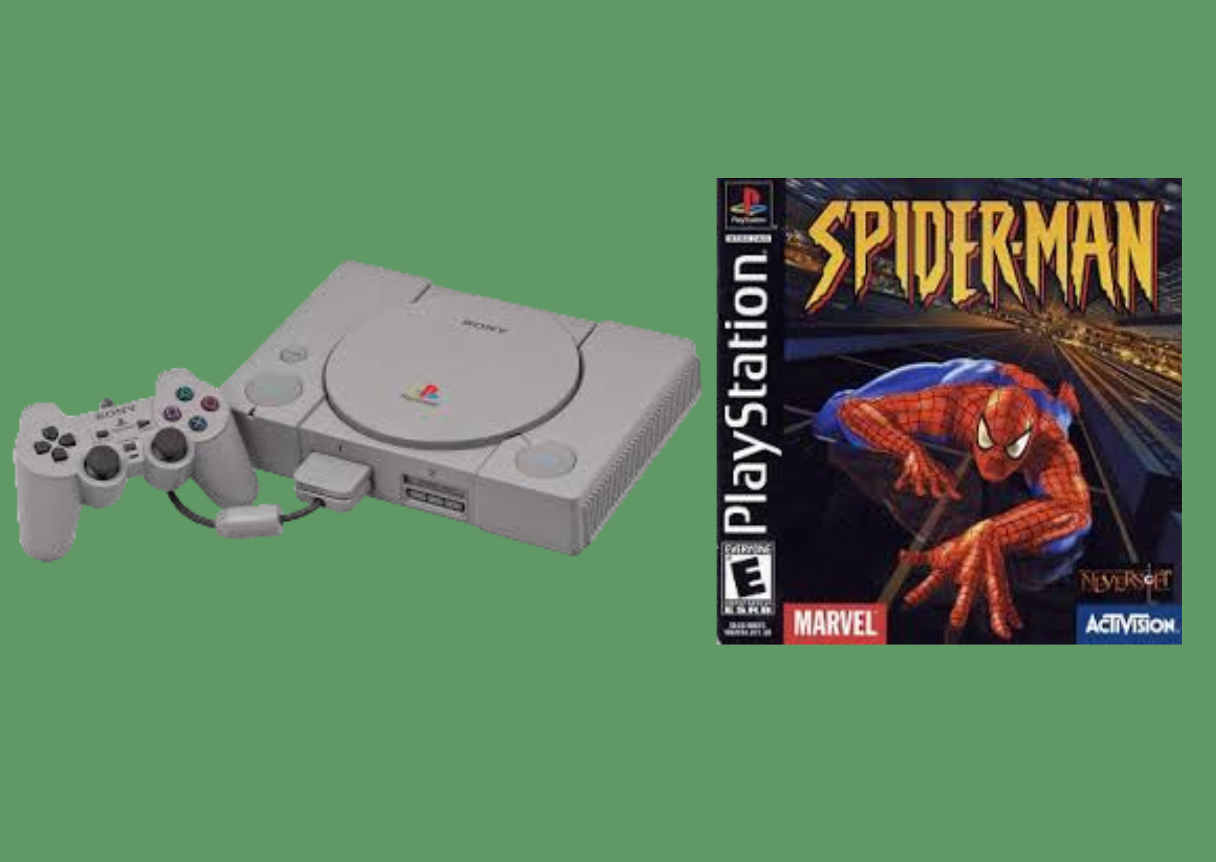 First console: Playstation 1 with Spider-man game